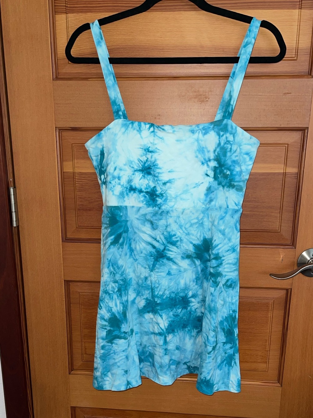 F21 Aqua Blue Tie Dye Skater Dress w/ Open & Back Tie Closure - EUC - Large